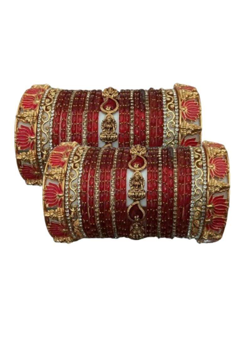 Valaivi Premium Bridal Wedding Bangle Set Red Imitation and Raindrop Glass Bangles - Indya