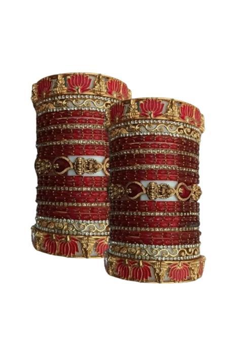 Valaivi Premium Bridal Wedding Bangle Set Red Imitation and Raindrop Glass Bangles