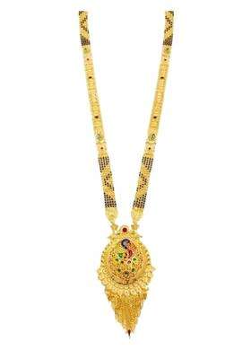 Ranisarkar Jewellery Meena Work Mangalsutra for Women 1GM Gold Plated Copper Peacock Design with Black Beads