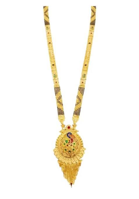 Ranisarkar Jewellery Meena Work Mangalsutra for Women 1GM Gold Plated Copper Peacock Design with Black Beads