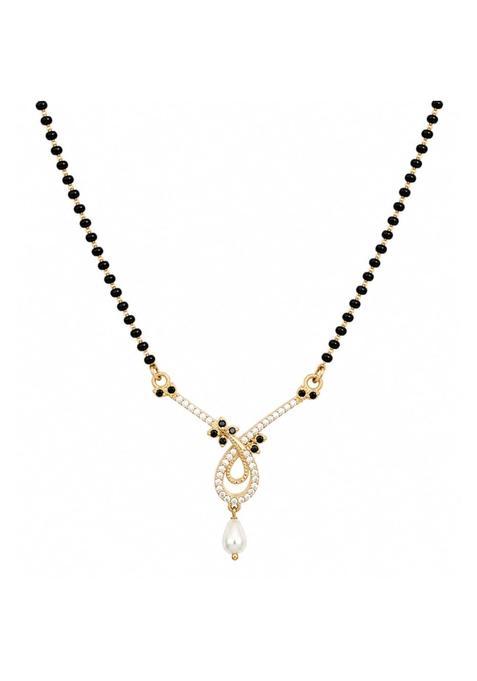 Maira Swiss Zirconia Floral Pendant 925 Sterling Silver 1 Gram 18K Gold Plated Black Beads Mangalsutra