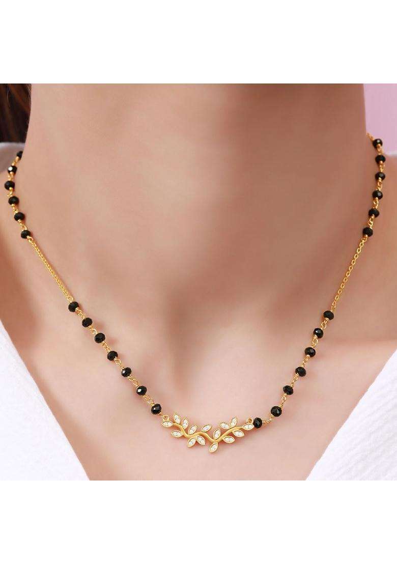 Zavya 925 Sterling Silver CZ Modern Leaf Pattern Gold Plated Mangalsutra - Indya