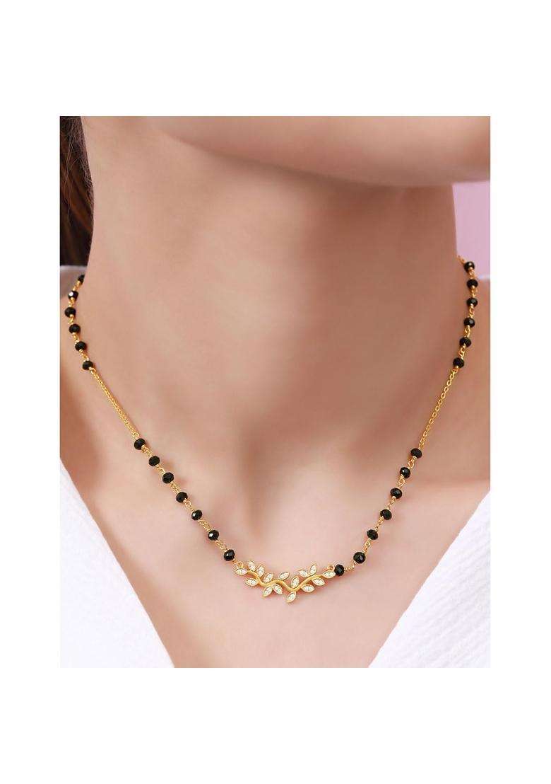 Zavya 925 Sterling Silver CZ Modern Leaf Pattern Gold Plated Mangalsutra - Indya