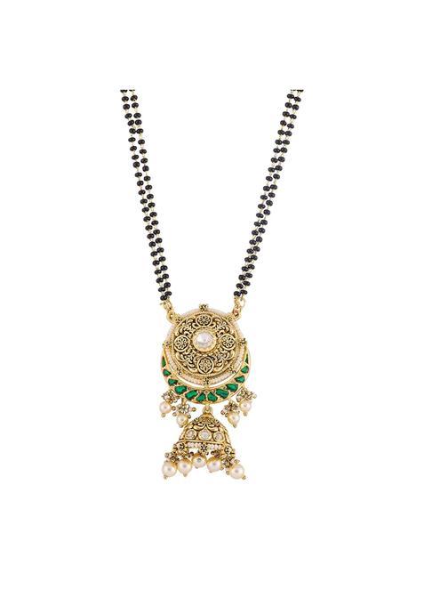 Kushals Fashion Jewellery Green Gold Plated Kundan Black Beads Mangalsutra for Women