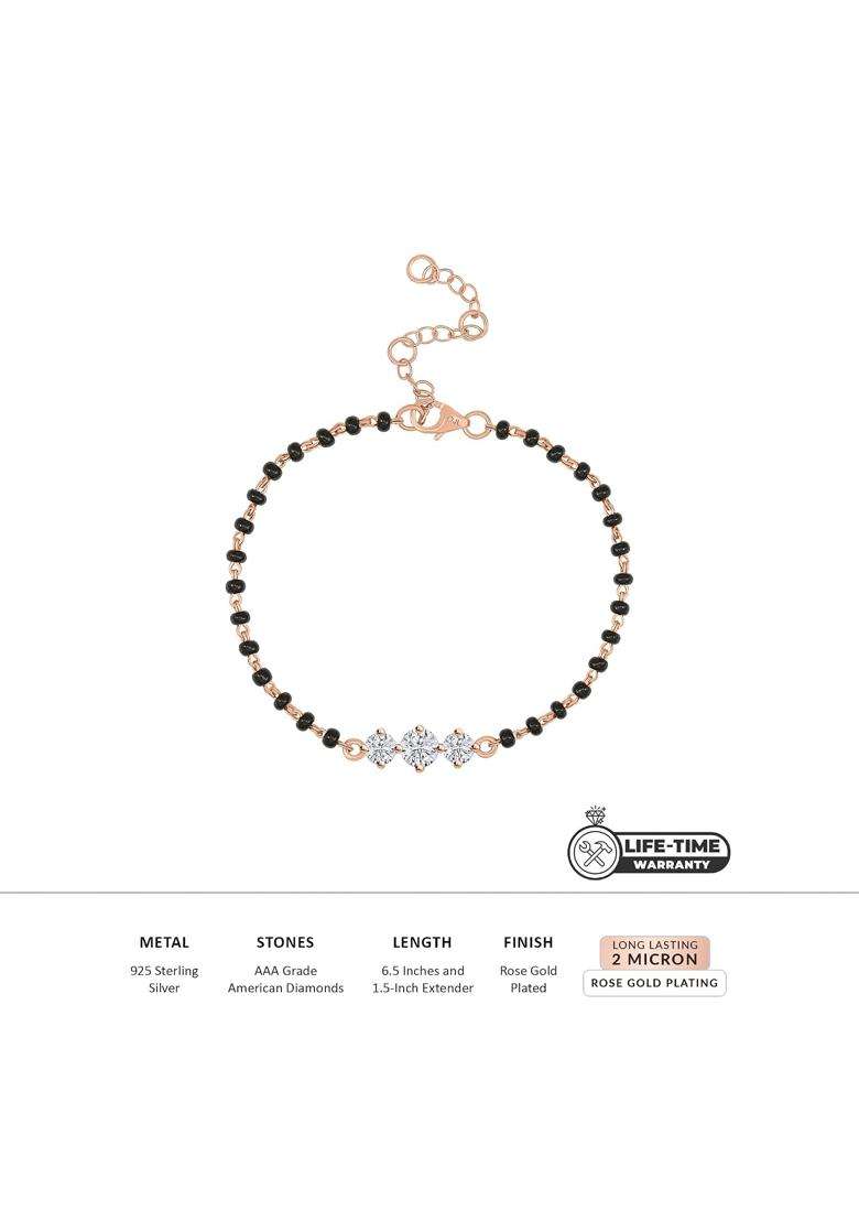 Ornate Jewels 925 Silver 18K Rose Gold Plated American Diamond Three Stone Adjustable Mangalsutra Bracelet - Indya