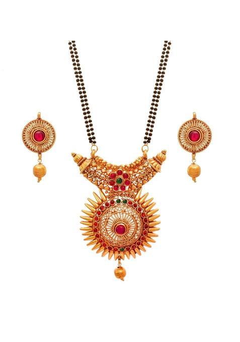 JFL Traditional Ethnic One Gram Gold Plated Stone Designer Mangalsutra with Black Beaded Chain and Earrings