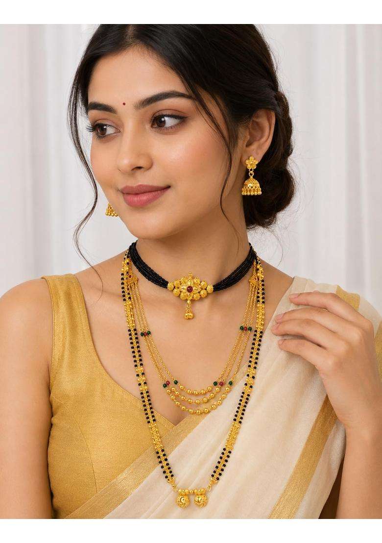 Gold Plated Maharashtrian Mangalsutra Jewellery Set Traditional Choker Long Haar Jhumka Earrings and Bangles - Indya