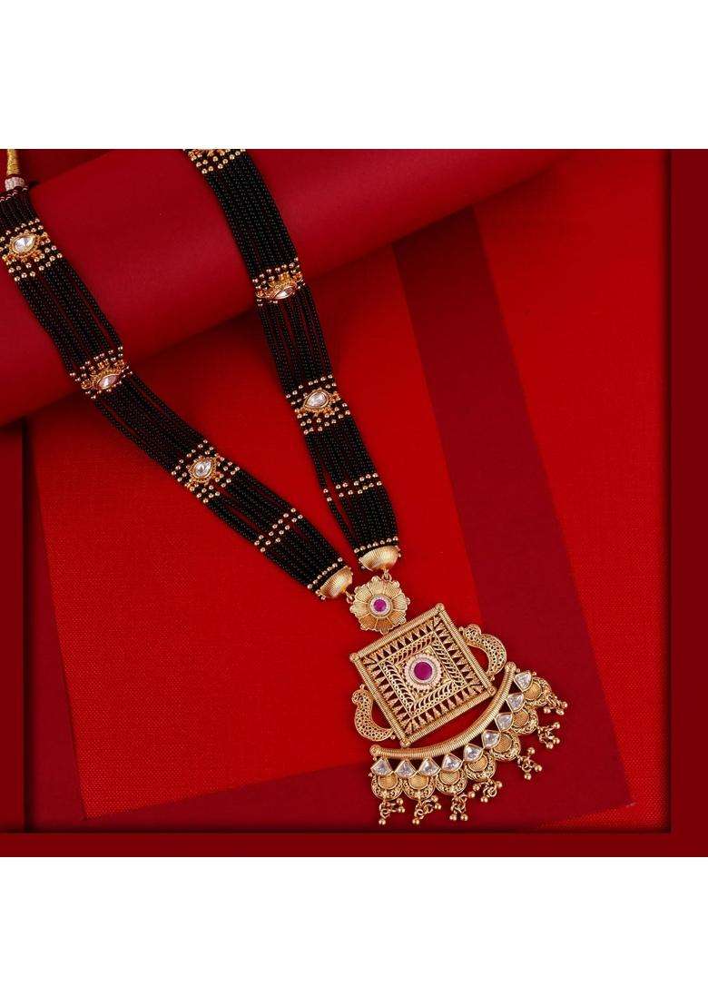 Saloni Fashion Jewellery Traditional Flower and Square Shape Black Bead Gold Plated Long Bead Chain - Indya
