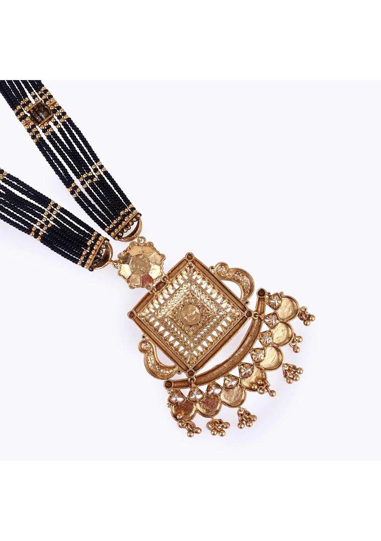 Saloni Fashion Jewellery Traditional Flower and Square Shape Black Bead Gold Plated Long Bead Chain - Indya