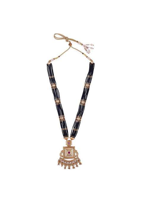 Saloni Fashion Jewellery Traditional Flower and Square Shape Black Bead Gold Plated Long Bead Chain
