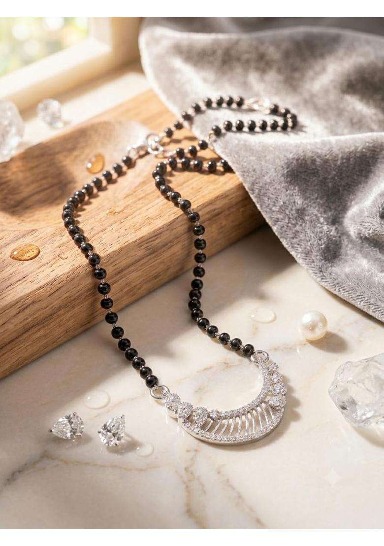 Silverbling 925 Sterling Silver Black Beaded Mangalsutra with CZ Diamond Pendant - Indya