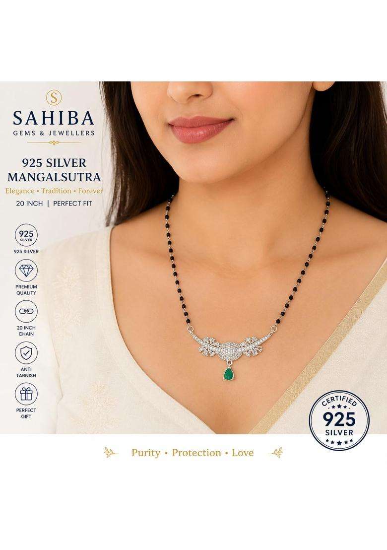 Sahiba Gems 925 Silver Pure Chandi Sparkling White Diamond Zircon Designer Mangalsutra - Indya