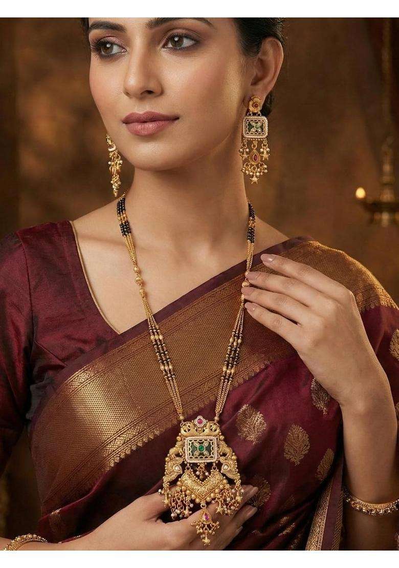 Jewwel Gold Plated Black Bead Mangalsutra Set with Ruby and Emerald Coloured Stones - Indya
