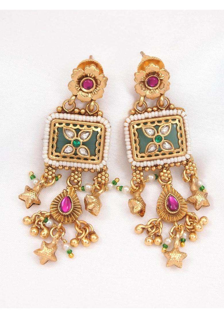 Jewwel Gold Plated Black Bead Mangalsutra Set with Ruby and Emerald Coloured Stones - Indya