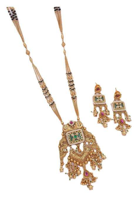 Jewwel Gold Plated Black Bead Mangalsutra Set with Ruby and Emerald Coloured Stones
