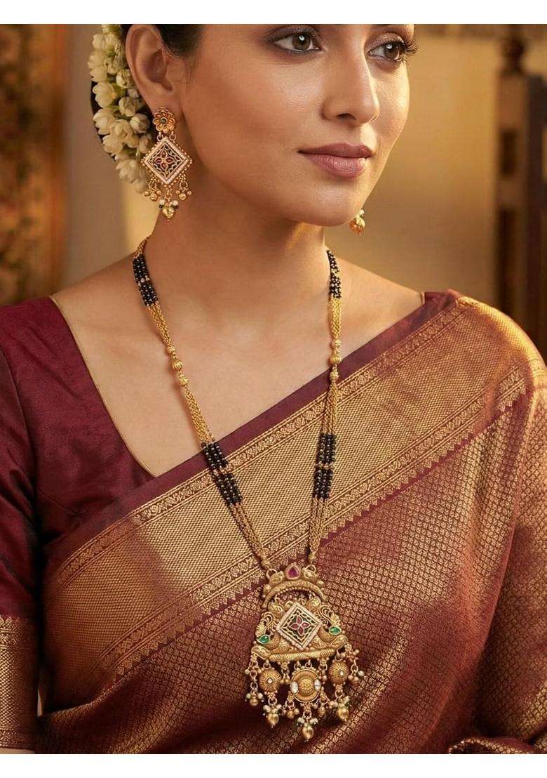 Jewwel Ethnic Gold Plated Black Bead Mangalsutra Set with Ruby and Emerald Coloured Stones - Indya