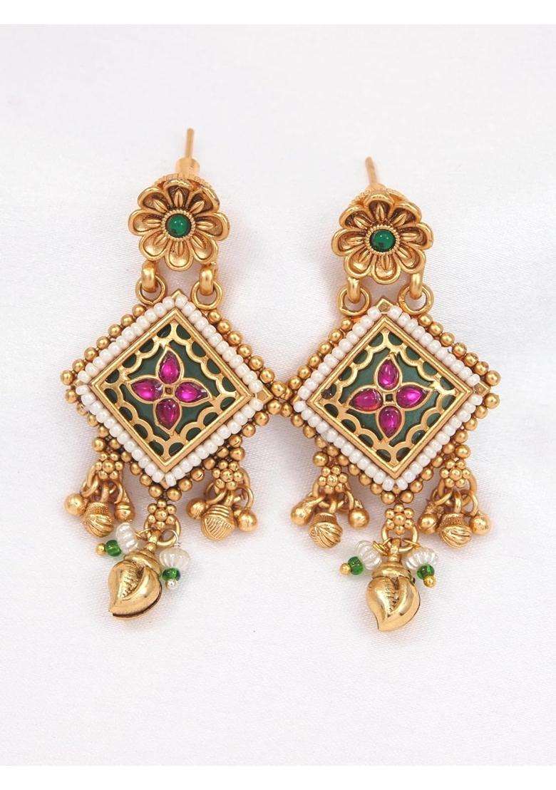 Jewwel Ethnic Gold Plated Black Bead Mangalsutra Set with Ruby and Emerald Coloured Stones - Indya