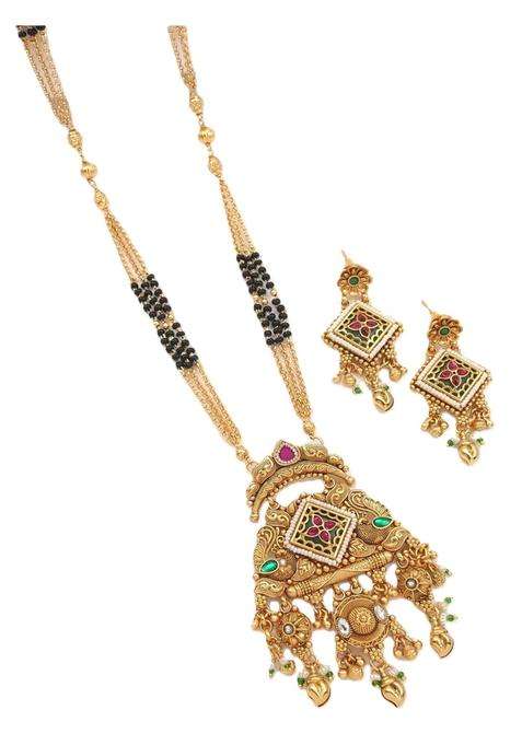 Jewwel Ethnic Gold Plated Black Bead Mangalsutra Set with Ruby and Emerald Coloured Stones