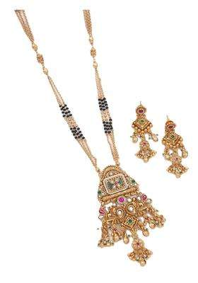 Jewwel Traditional Gold Plated Black Bead Mangalsutra Set with Ruby and Emerald Coloured Stones
