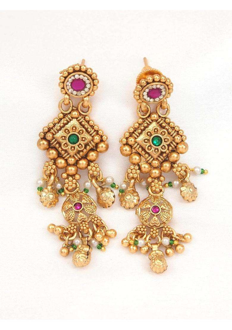 Jewwel Traditional Gold Plated Black Bead Mangalsutra Set with Ruby and Emerald Coloured Stones - Indya