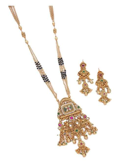 Jewwel Traditional Gold Plated Black Bead Mangalsutra Set with Ruby and Emerald Coloured Stones
