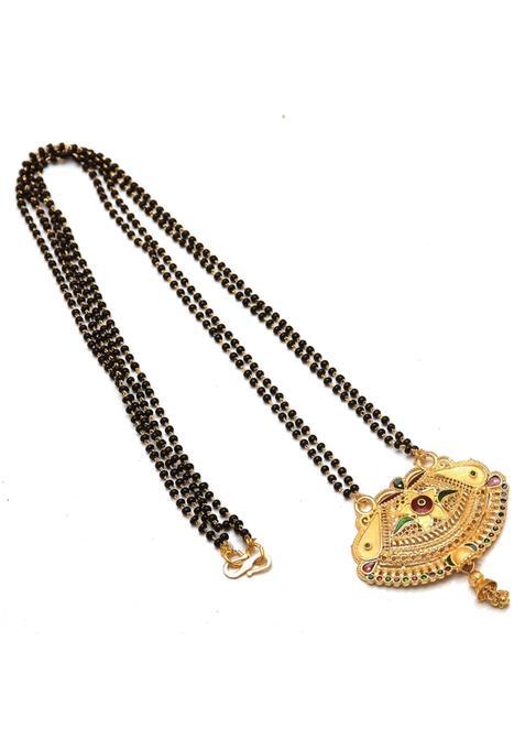 Jewar Mangalsutra Ethnic Handmade Gold Tone Intricate Necklace with Black Glass Bead Chain Enameled Handmade