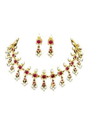 Traditional Mangalsutra Necklace and Earrings Set Gold Plated Copper with Red Green Cubic Zirconia Stones
