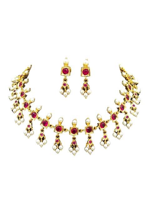 Traditional Mangalsutra Necklace and Earrings Set Gold Plated Copper with Red Green Cubic Zirconia Stones