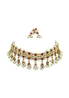 Traditional Gold Plated Copper Mangalsutra Set with Earrings American Diamond Stones Pearl Beads