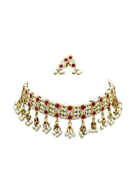 Traditional Gold Plated Copper Mangalsutra Set with Earrings American Diamond Stones Pearl Beads