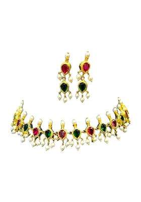 Gold Plated Copper Traditional Mangalsutra Set with Earrings Red and Green Cubic Zirconia Stones Pearl Accents