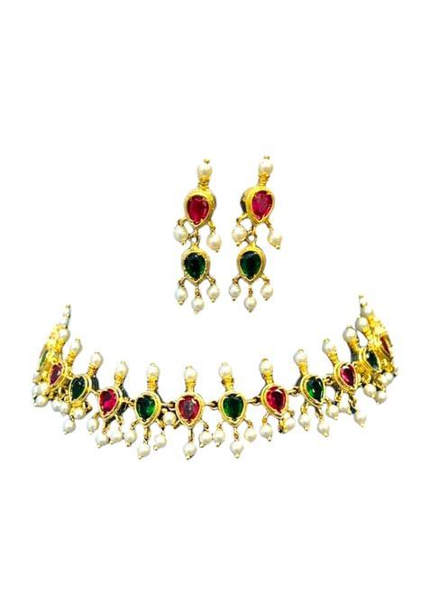 Gold Plated Copper Traditional Mangalsutra Set with Earrings Red and Green Cubic Zirconia Stones Pearl Accents