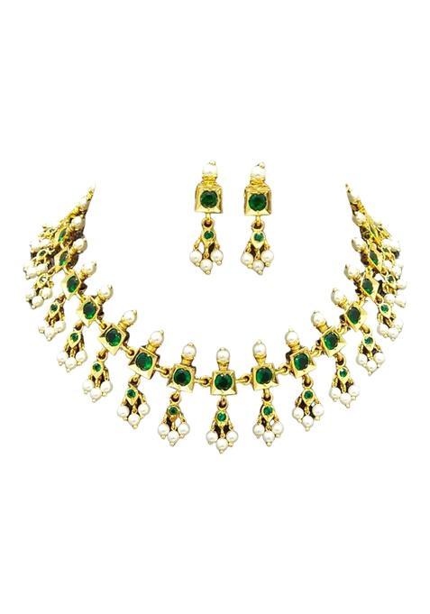 Traditional Mangalsutra Necklace and Earrings Set Gold Plated Copper with Red Green Cubic Zirconia Stones