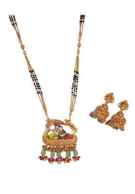 Jewwel Heritage Gold Plated Black Bead Mangalsutra Set with Ruby and Emerald Coloured Stones