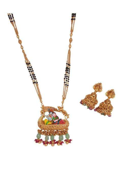 Jewwel Heritage Gold Plated Black Bead Mangalsutra Set with Ruby and Emerald Coloured Stones