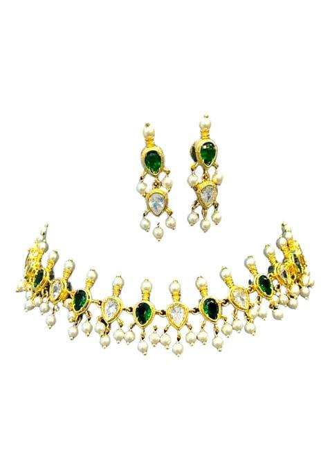 Traditional Mangalsutra Necklace and Earrings Set Gold Plated Copper with Red Green Cubic Zirconia Stones
