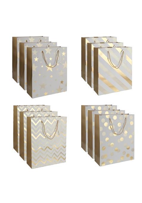 Lavya Medium Size White Gold Foil Work Paper Gift Bags Return Gift Carry Bags for Wedding Pooja Pack of 12