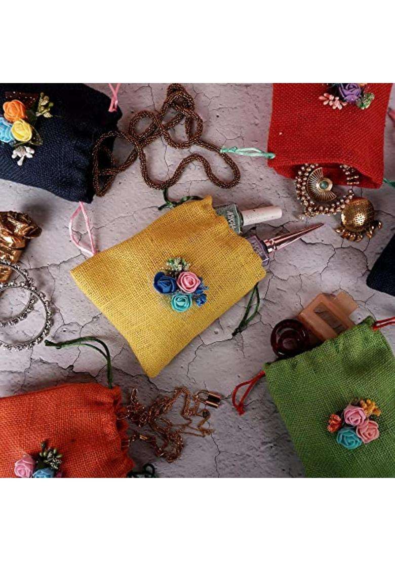 Thehandikrafts Unisex Colored Jute Potli with Multicolour Flower Jute Linen Potlis - Indya