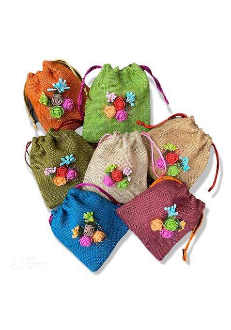 Thehandikrafts Unisex Colored Jute Potli with Multicolour Flower Jute Linen Potlis