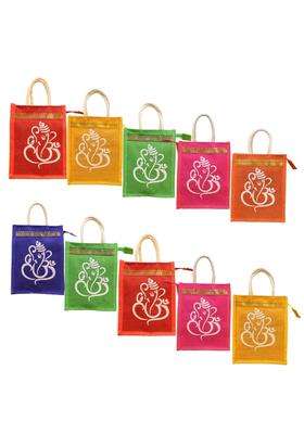 Prakriti Maitri Jute Bags for Party Favors Ganesha and Kolam Print Return Gift Jute Bag Pack of 10