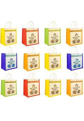 Sainiks Jute Bags with Laxmi Kolam Design Multicolor Bags with Zip Thamboolam Bags Pack of 12
