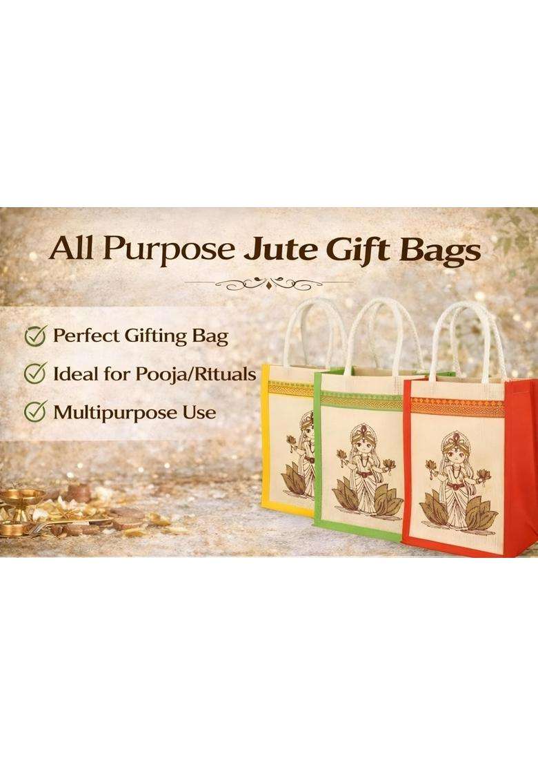 Sainiks Jute Bags with Laxmi Kolam Design Multicolor Bags with Zip Thamboolam Bags Pack of 12 - Indya