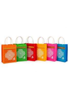 Anumala Multicolour Jute Bags with Contrast Kolam Art Thamboolam and Jute Bags