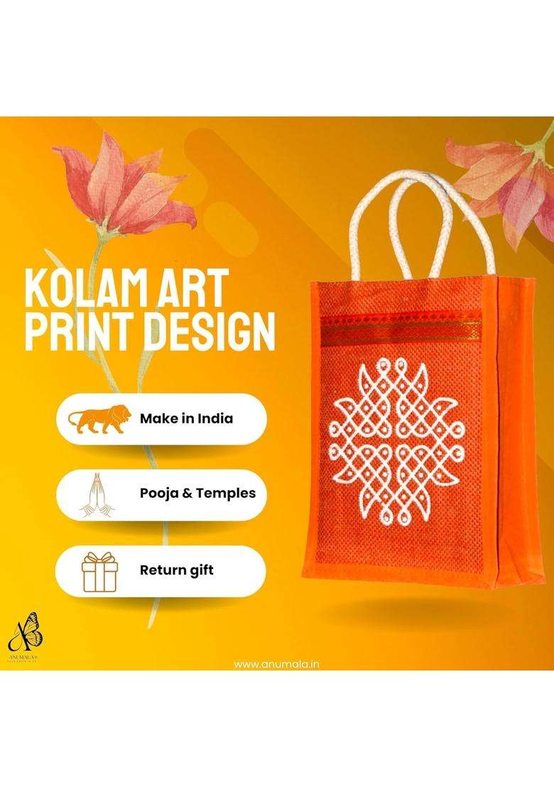 Anumala Multicolour Jute Bags with Contrast Kolam Art Thamboolam and Jute Bags - Indya
