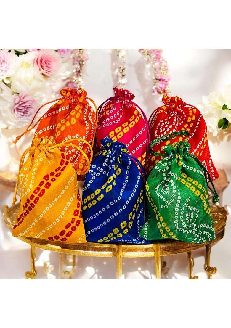Kriwin Pcs Bandhej Print Silk Potli Bags 12 X 18 CM Multicolour Gift Pouches for Cash and Jewellery Pack of 30 - Indya