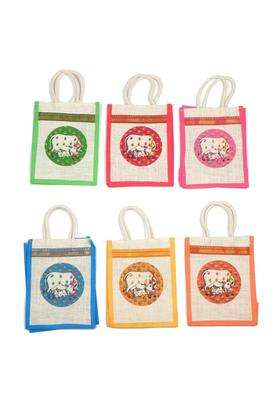 Sainiks Multicolor Access to Quality Cow Print Jute Bags with Contrast Cow Khamdhenu Print for Return Gifts