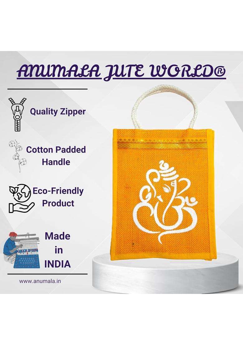 Anumala Jute World Premium Thamboolam Ganesh Kolam Art Return Gift Bags Pack of 12 - Indya