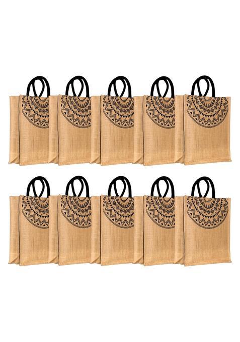 Anumala Black Premium Natural Jute Bag with Mandala Print 14x12x5 Inches
