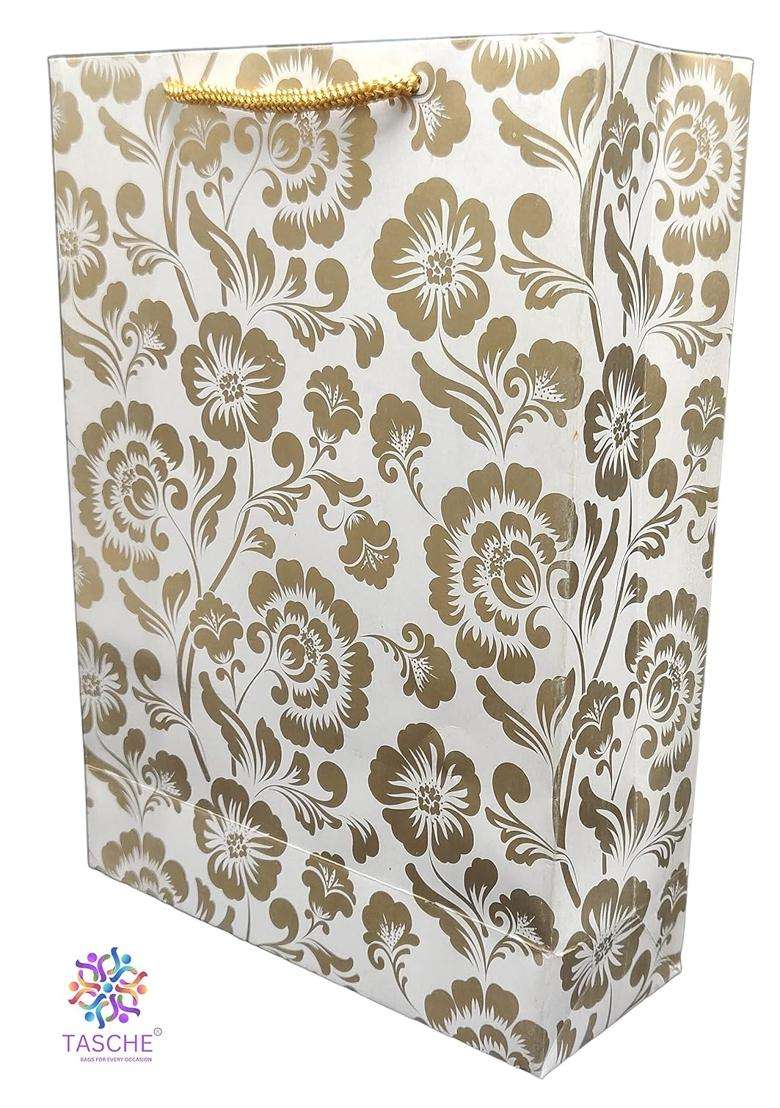 Tasche Gold Flower and Gold Mandaram Printed Assorted Design Paper Carry Bags Pack of 24 - Indya