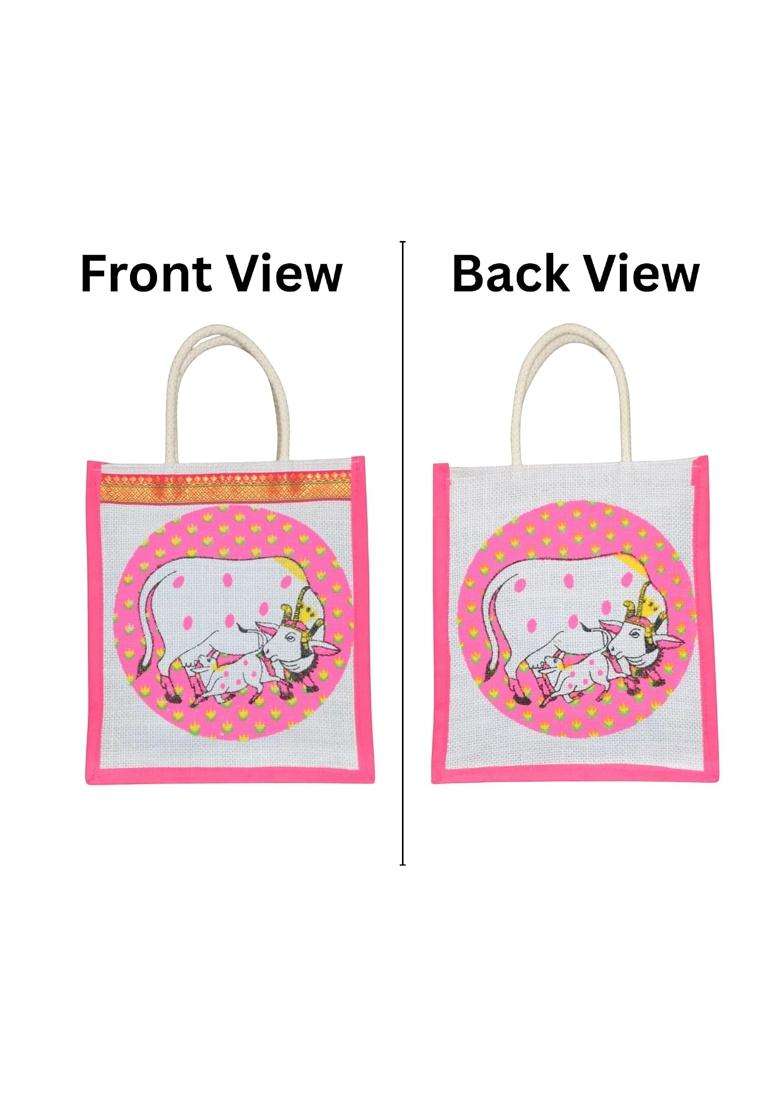 Anumala Jute World Premium Thamboolam Gomata Cow Print Return Gift Bags Pack of 18 - Indya